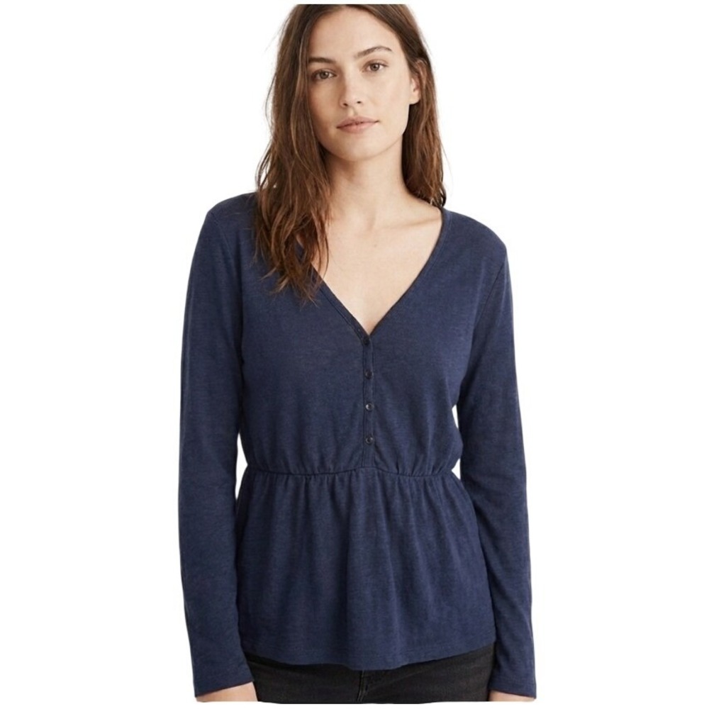 Lucky Brand Top Womens L Navy Blue Long Sleeve Peplum V Neck Henley Casual Boho